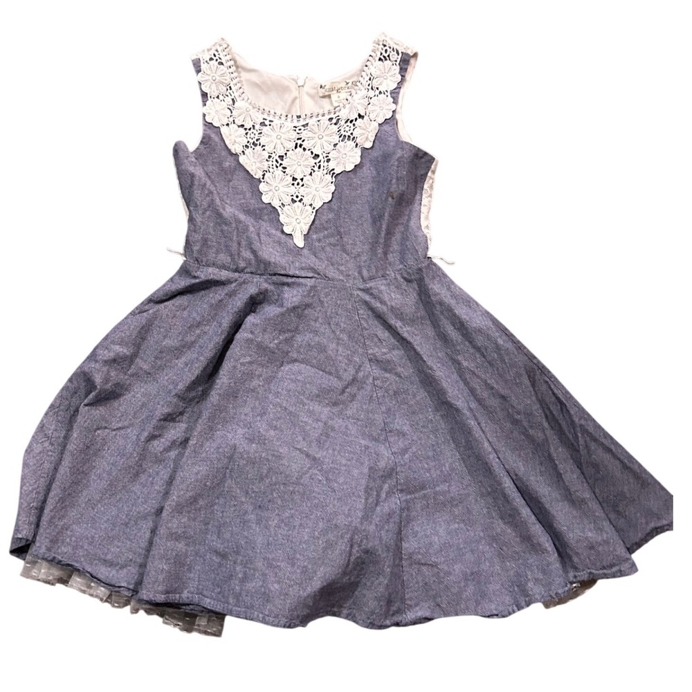 Knit Works Girls Blue Chambray Dress White Floral Crochet Lace Sleeveless Size 6